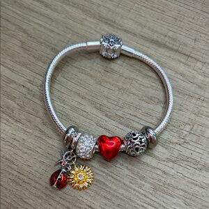 Sterling silver snake chain bracelet with red and gold details